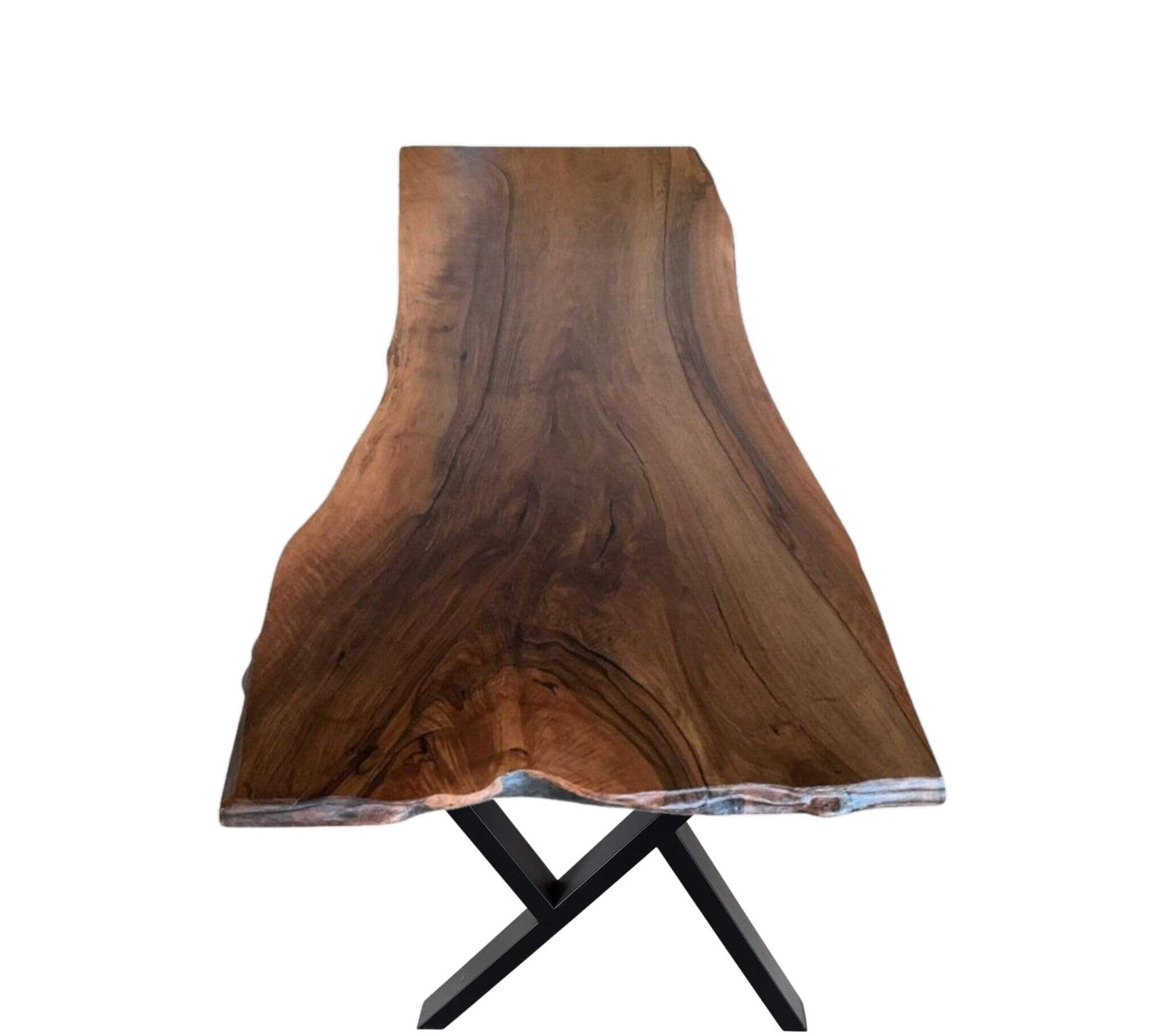 Plankebord i valnød med naturkant og unikt åretegning, monteret på sort cross stel