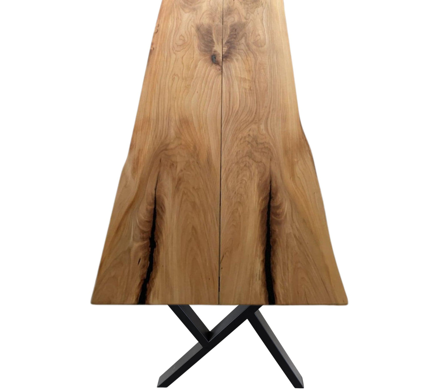 Plankebord i massivt egetræ med naturkant og sort cross metalstel – eksklusivt spisebord