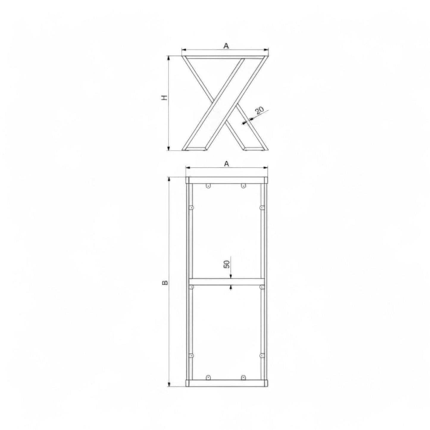 Teknisk tegning af "Double X" bordben i metal til plankeborde med mål