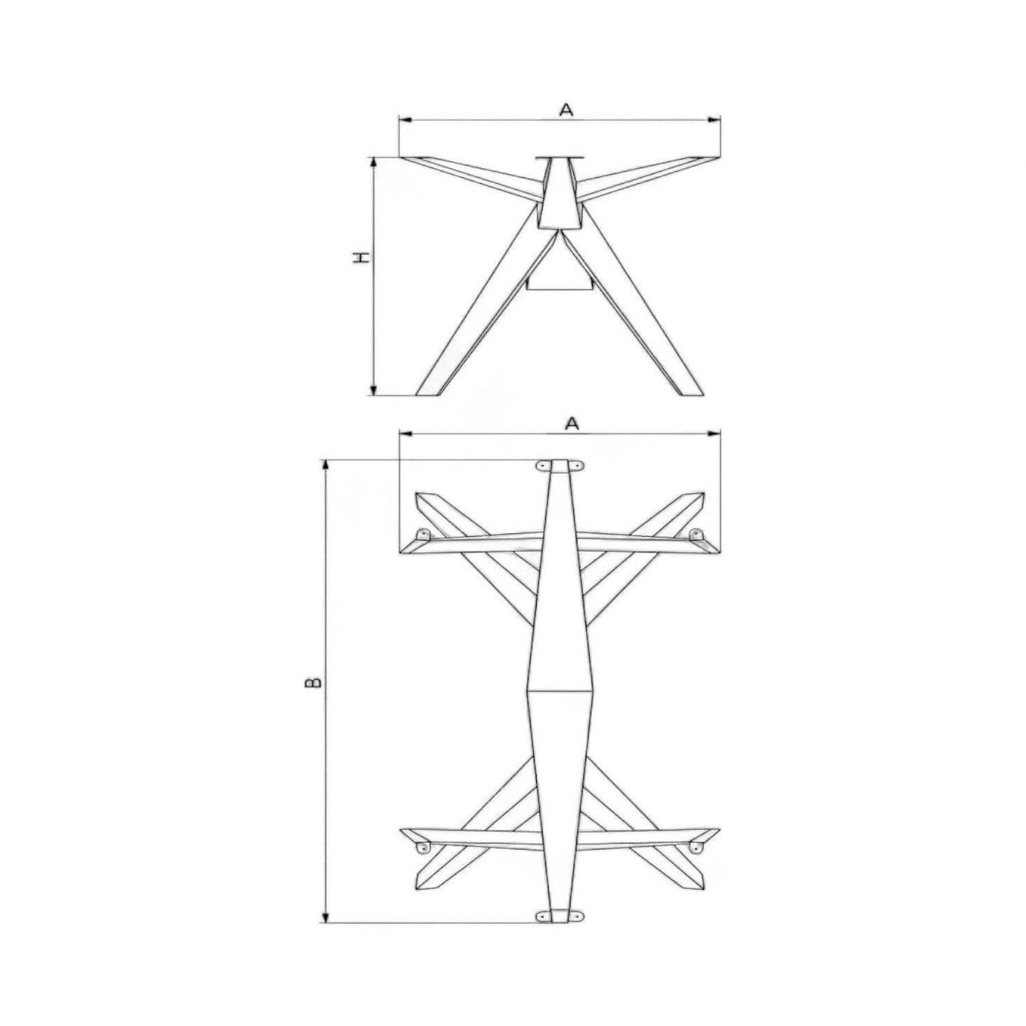 Teknisk tegning af V-design bordben med mål for plankebord.