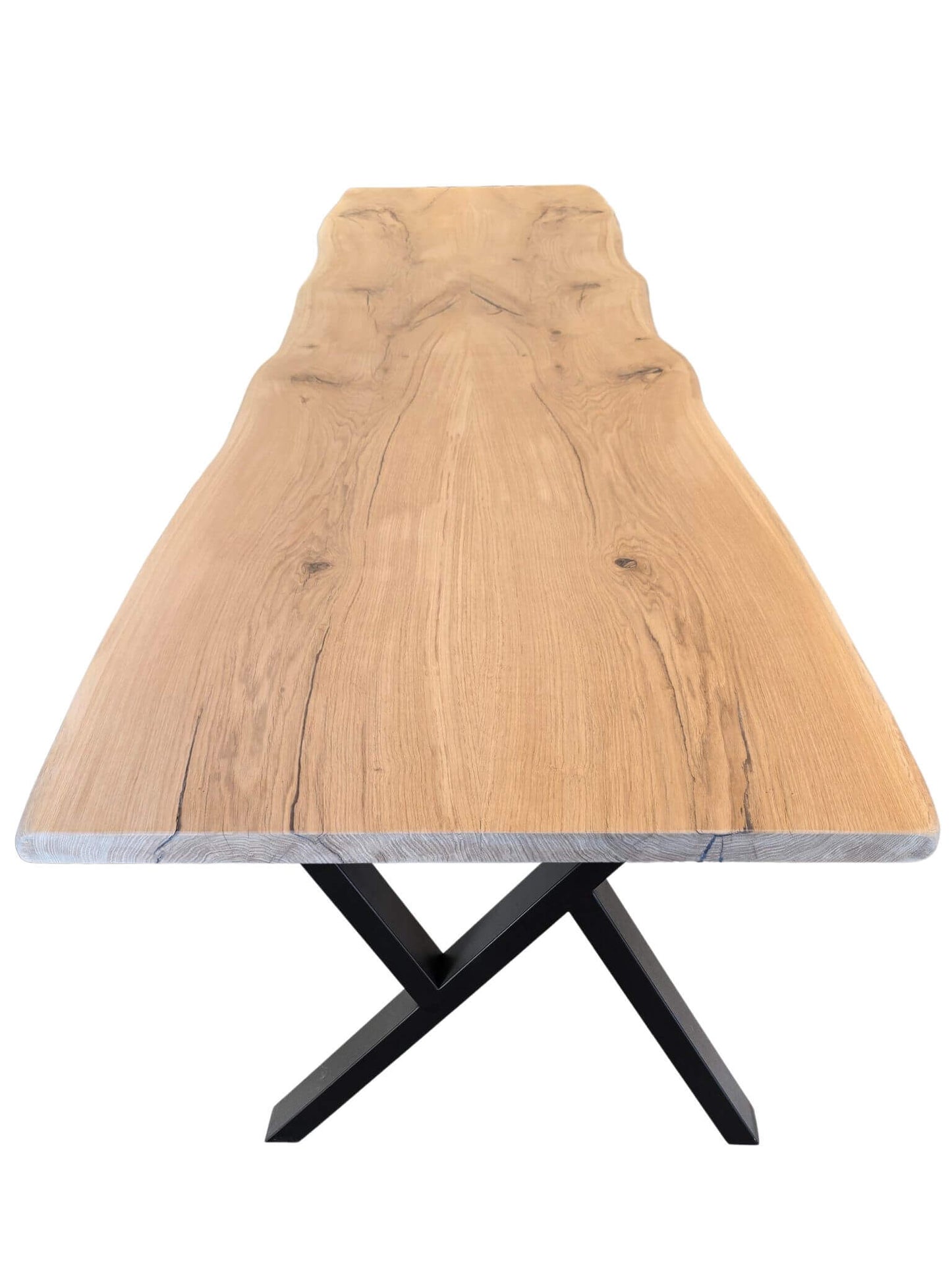 Plankebord i egetræ med naturlige årer og organisk form, cross-formede metalben