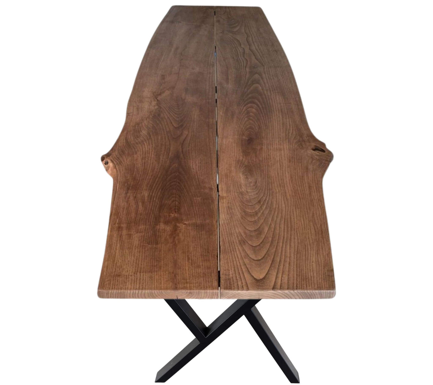 Plankebord i ask med naturkant og unikt åremønster, monteret på cross ben i sort pulverlakeret metal