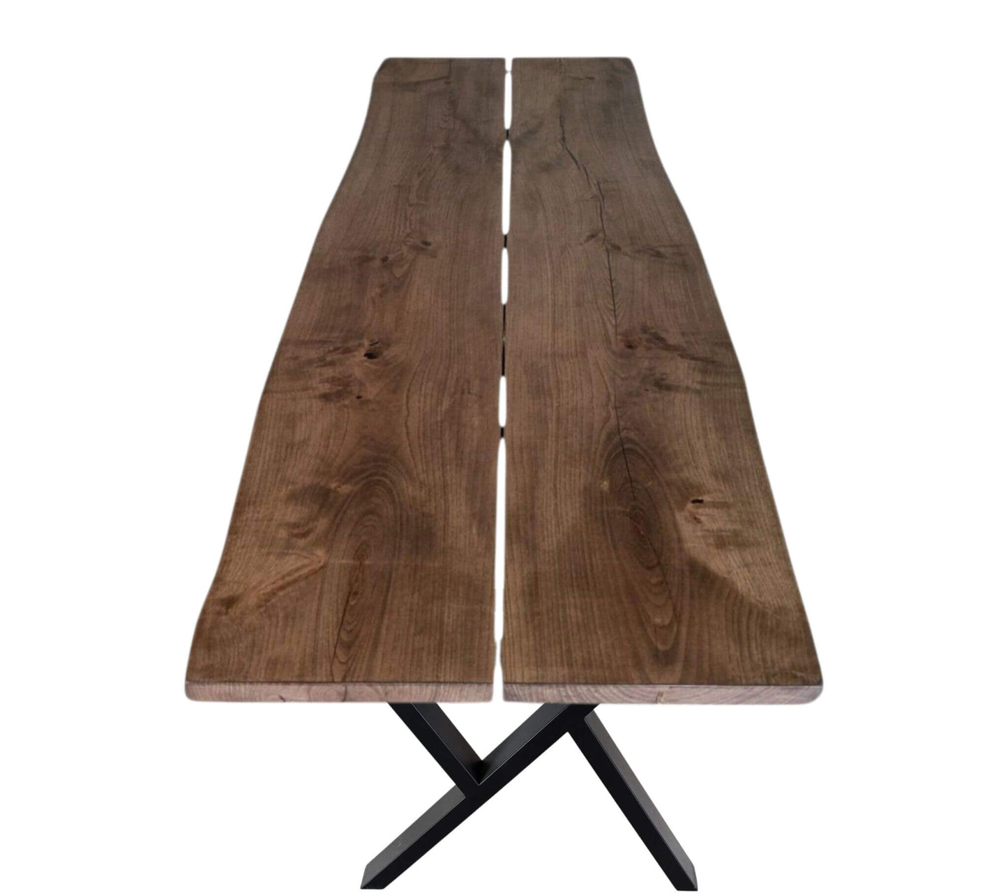 Plankebord i ask med to planker og naturkant, monteret på krydsben i sort metal