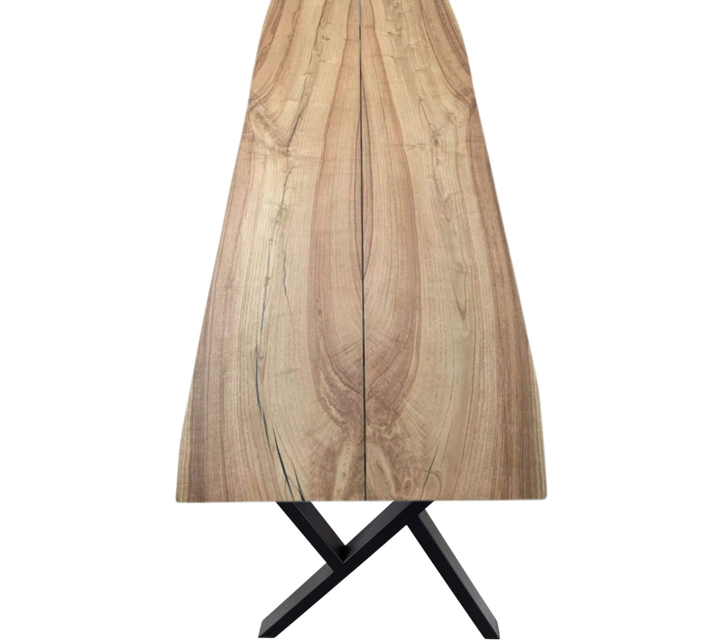 Plankebord i ask med naturligt åreforløb og elegante cross-ben i sort metal, håndlavet spisebord i massivt træ