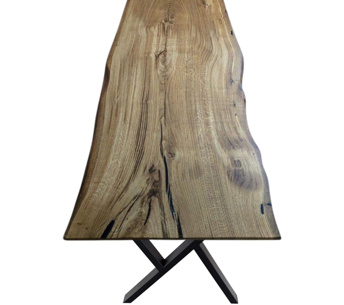 Plankebord i massivt egetræ med naturkant og unikke åretegninger – monteret på sort cross stel