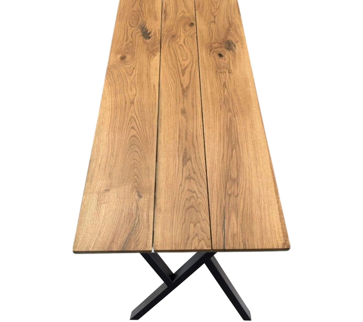 Plankebord i massivt egetræ med tre planker og naturåre – monteret på sort cross stel