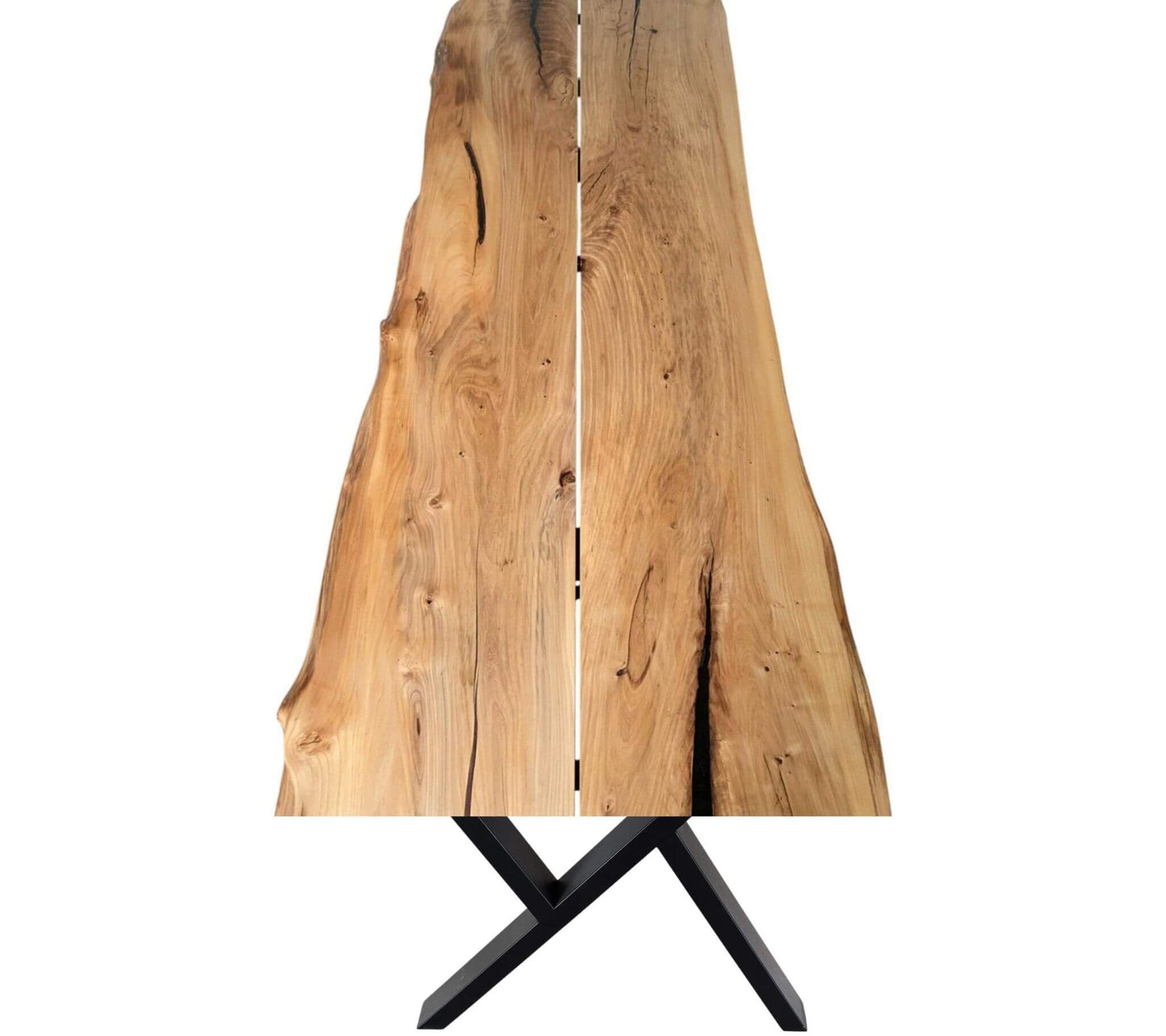 Plankebord i massivt elmtræ med naturkant og sort cross stel – unikt spisebord