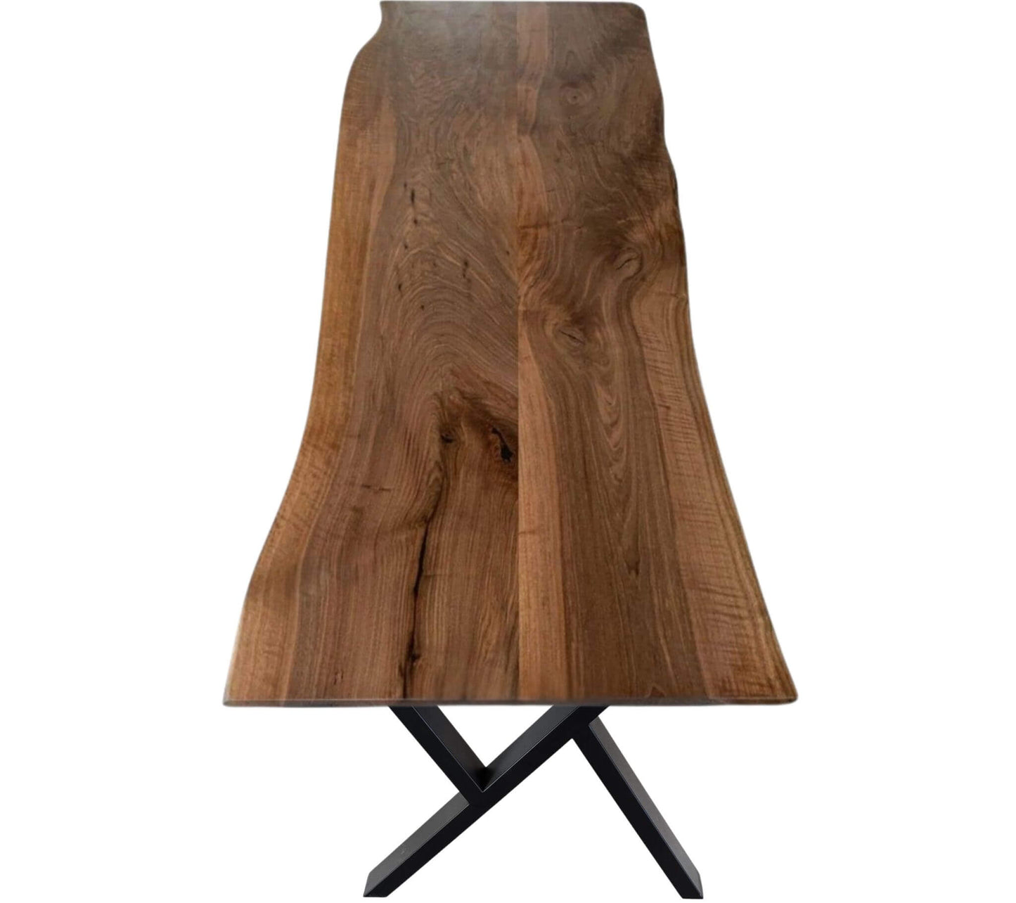 Plankebord i valnød med naturkant og sort krydsben i metal