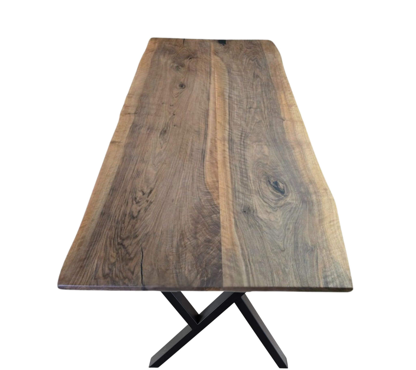 Plankebord i massivt valnødetræ med naturkant og unikt åretegning, monteret på sort cross-stel