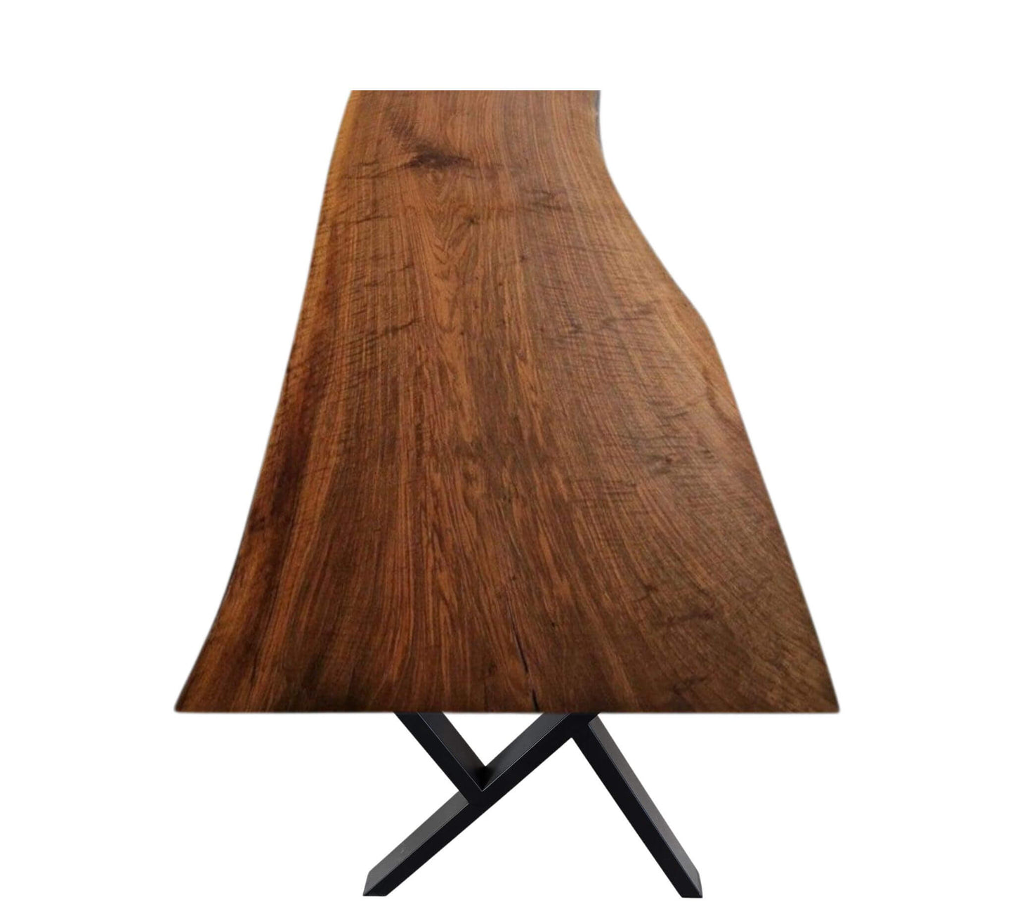 Plankebord i mørk valnød med naturkant og sort metal cross-ben