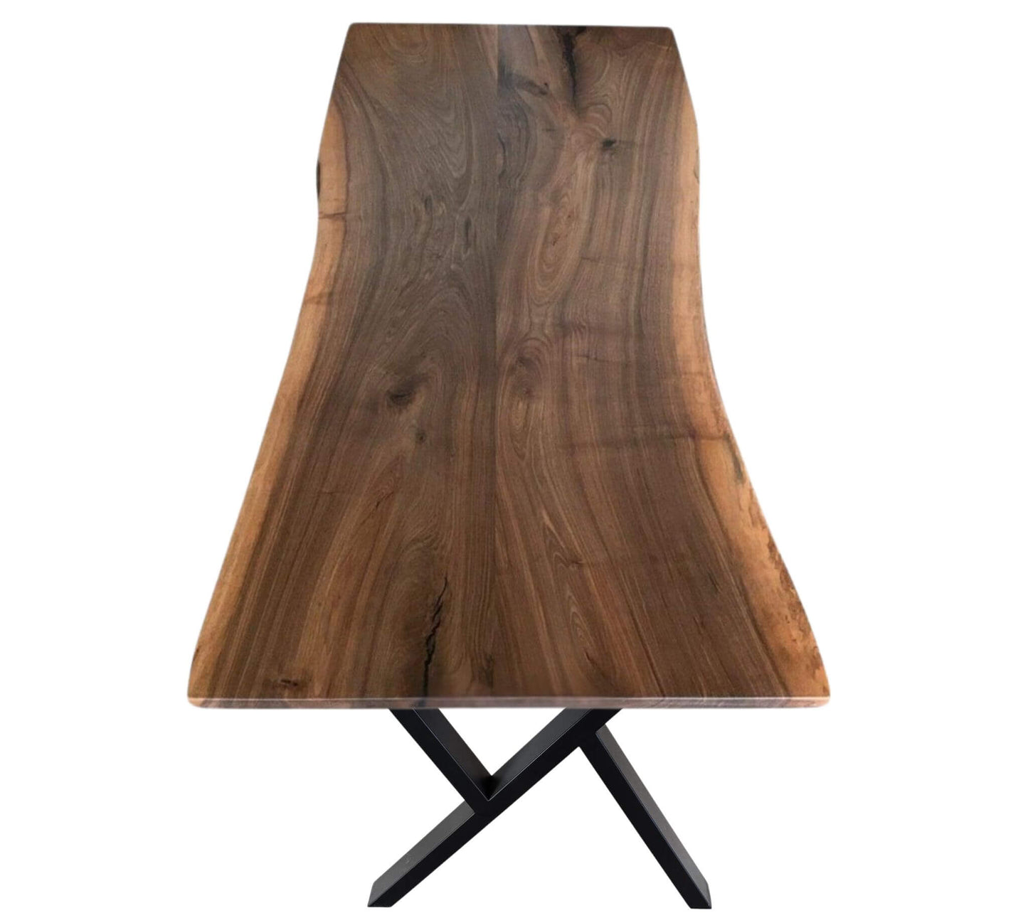 Eksklusivt plankebord i massivt valnødetræ med naturkant og sort cross-stel – håndlavet dansk design