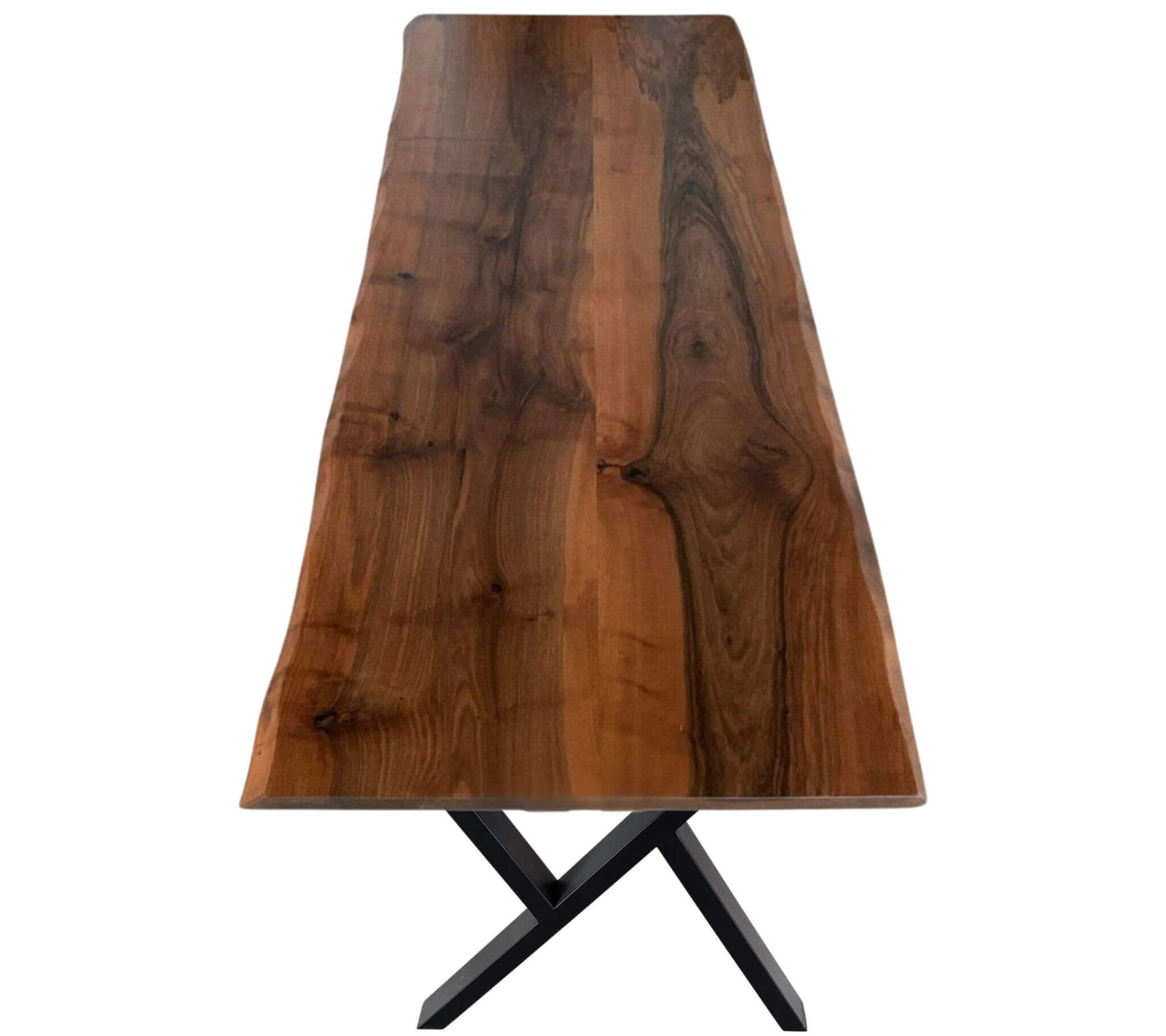 Eksklusivt plankebord i massivt valnødetræ med naturkant og sort cross-formet stel