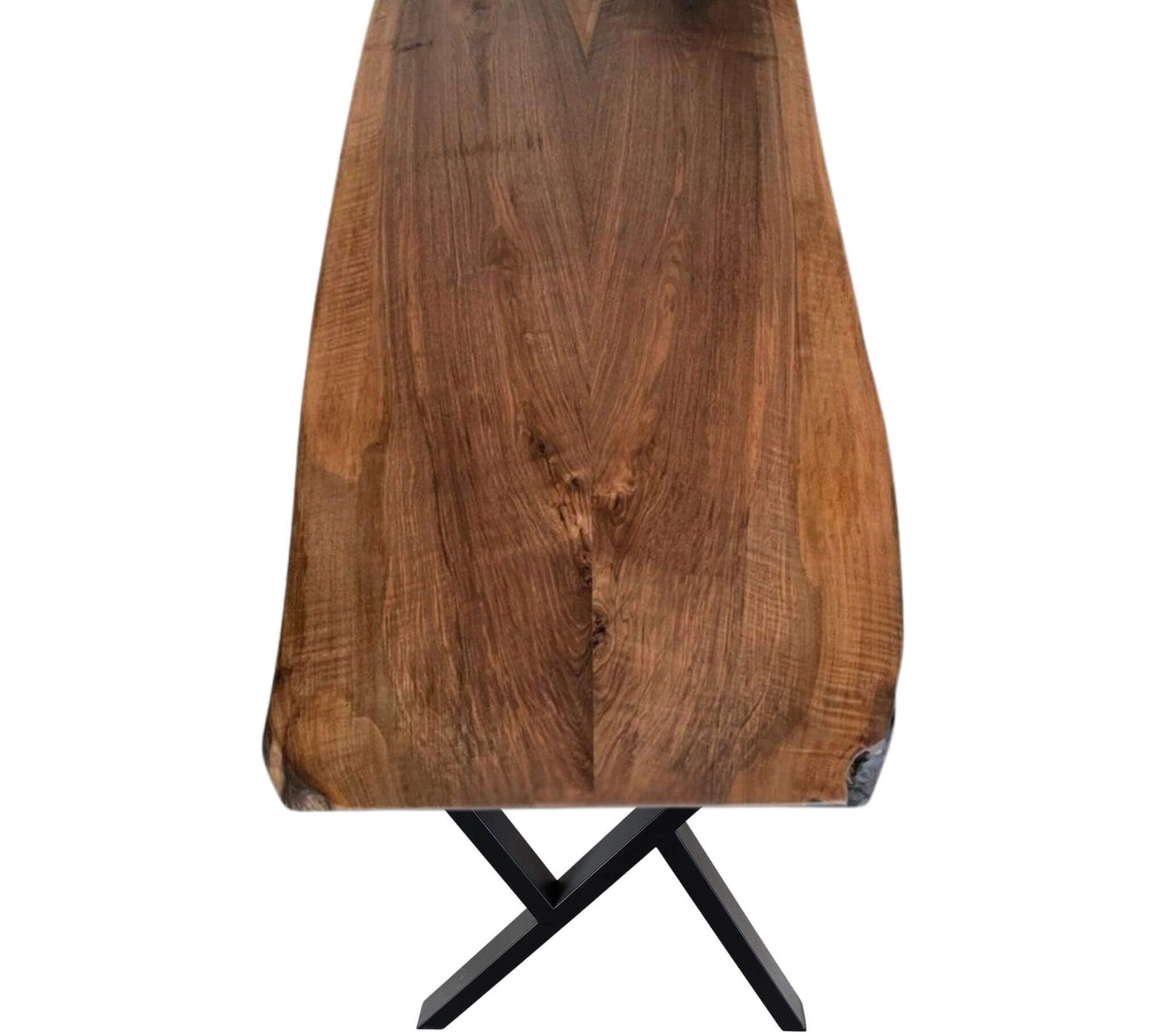 Plankebord i massivt valnødetræ med naturkant og sort cross-formet stel