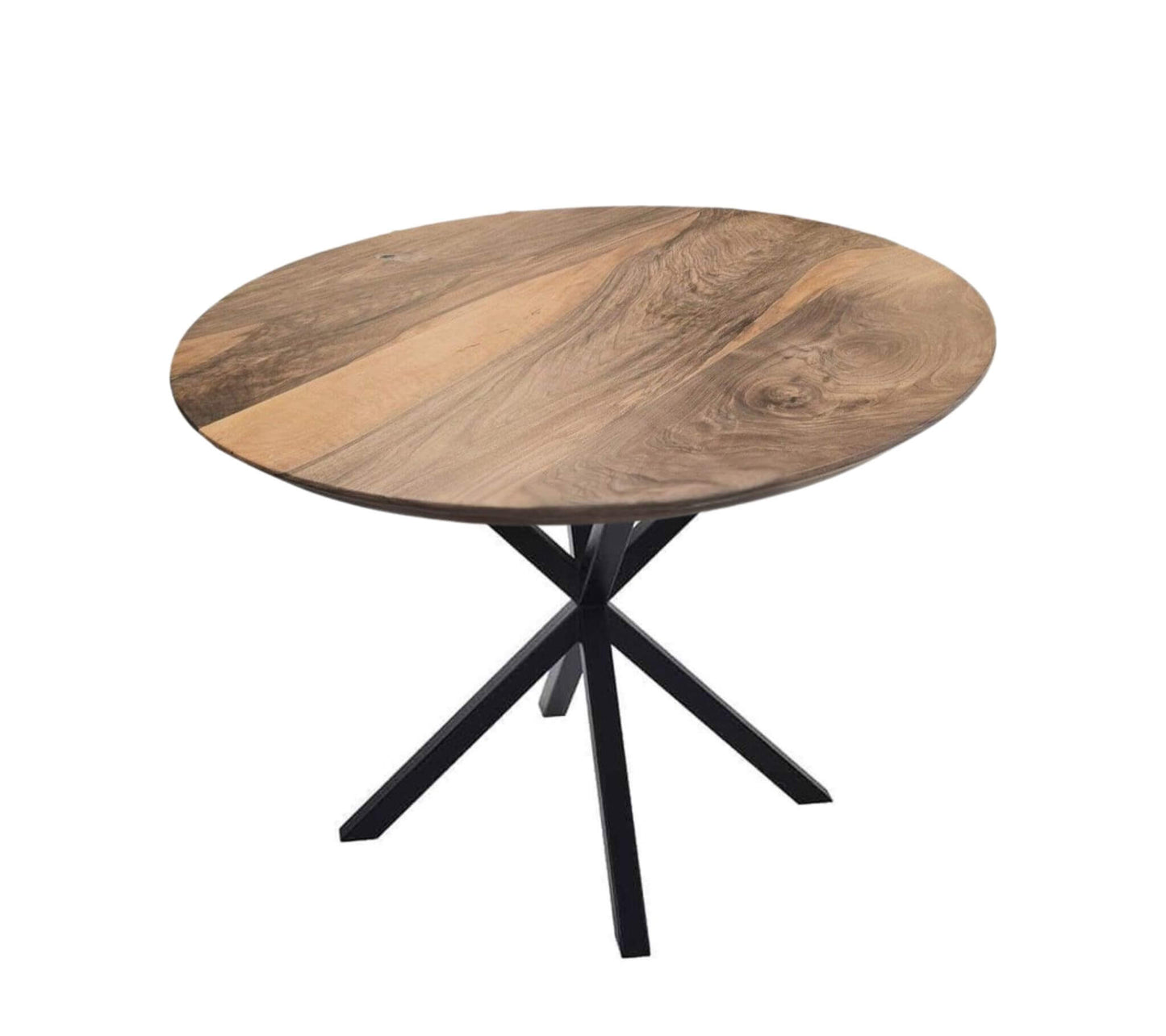 Rundt spisebord i massivt valnød med sort krydsstel – elegant plankebord