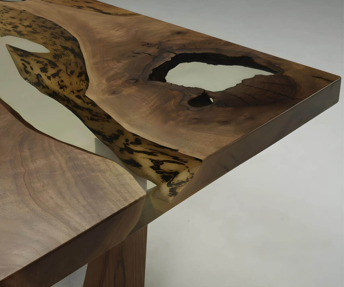 Moderne spisebord i massiv valnød med epoxy detaljer