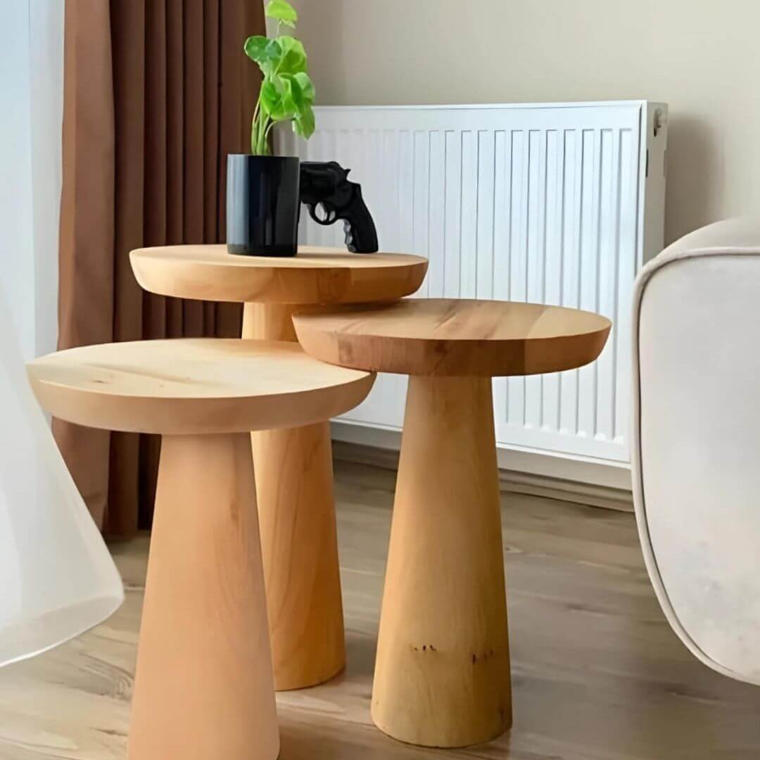 Design sofaborde i kastanjetræ – moderne runde borde i sæt
