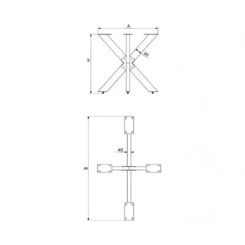 Teknisk tegning af stjernestel bordben til plankebord med dimensioner.