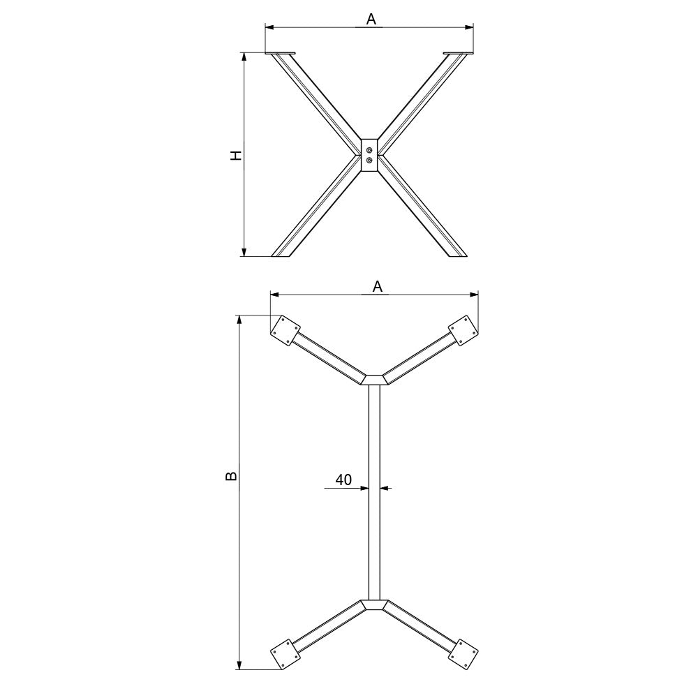 Teknisk tegning af Spider bordben til plankeborde med dimensioner
