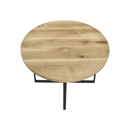Rundt plankebord i massivt egetræ med sort metalstel fra Træverden