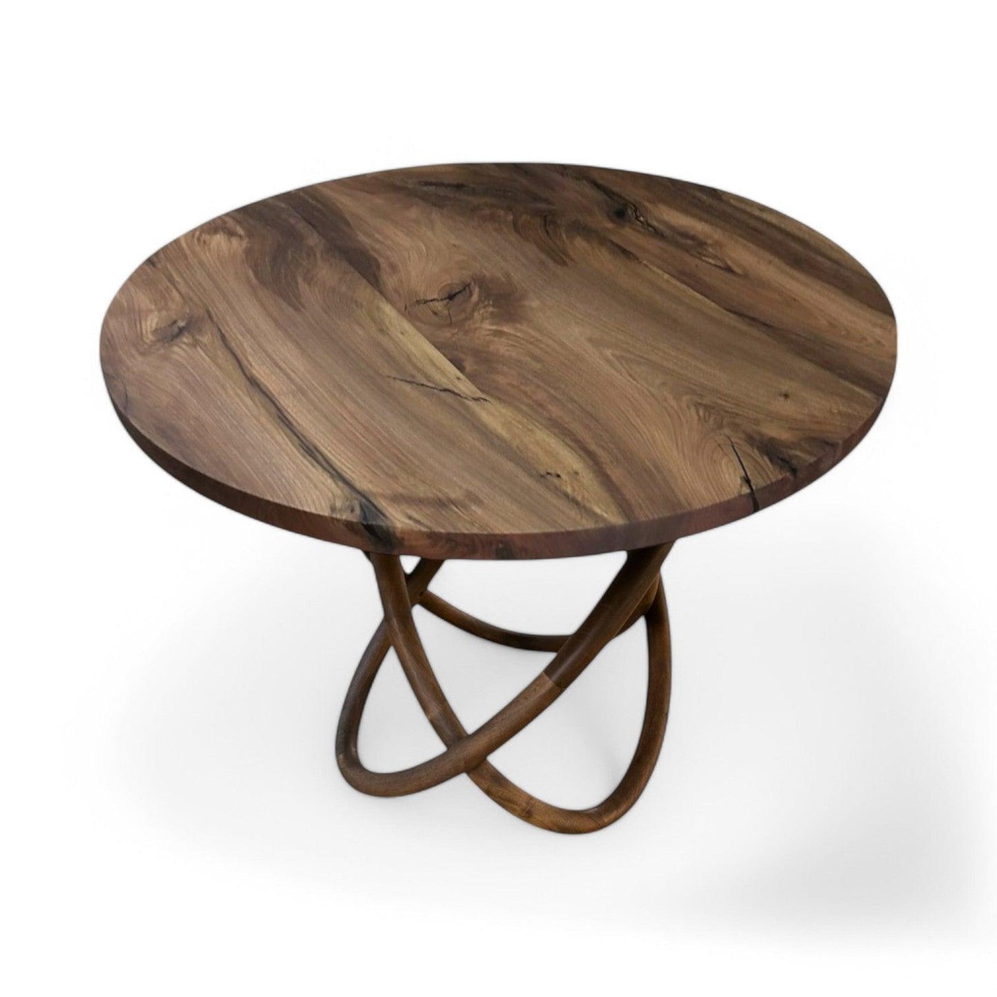 Bordben valnød - Rundt bordben i valnød med træplankebord.