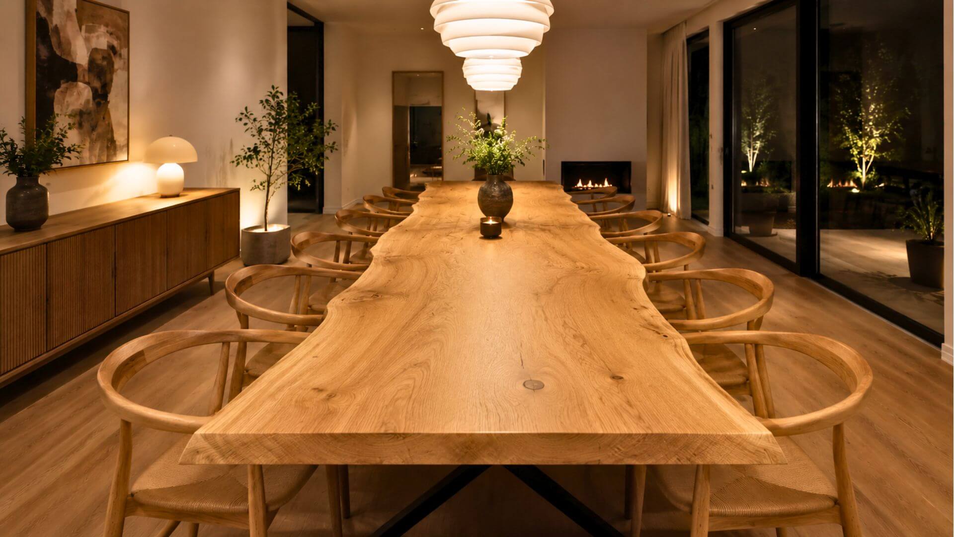 Massivt plankebord i mørkt valnøddetræ med naturkant i eksklusiv dansk boligindretning med moderne spiseområde.
