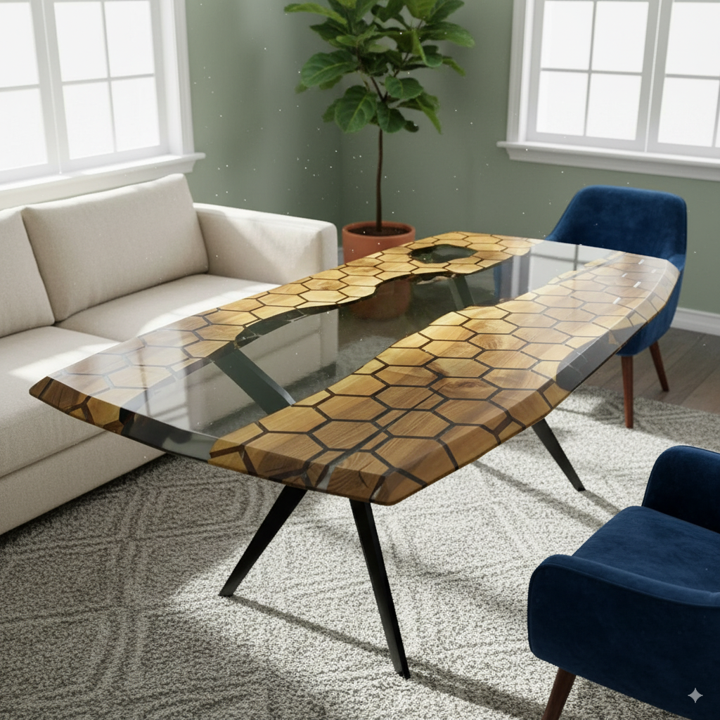 Håndlavet plankebord med sort epoxy og levende åremønster – perfekt til spisestuen