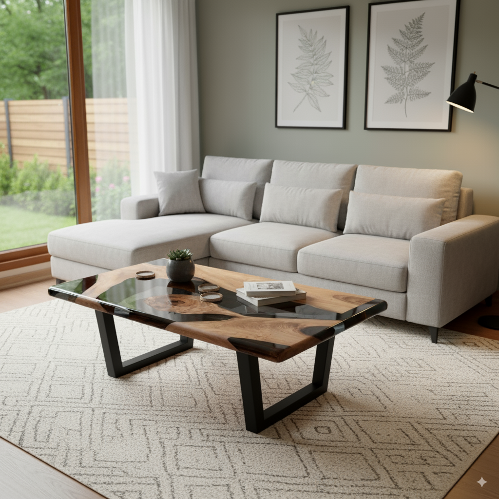 Håndlavede sofaborde i træ med epoxy detaljer og minimalistiske bordben