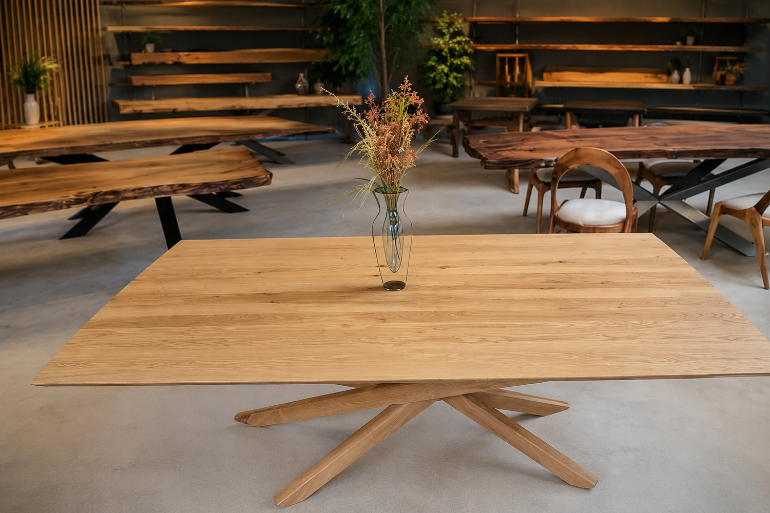 Showroom salg af plankeborde i massivt eg, valnød og ask
