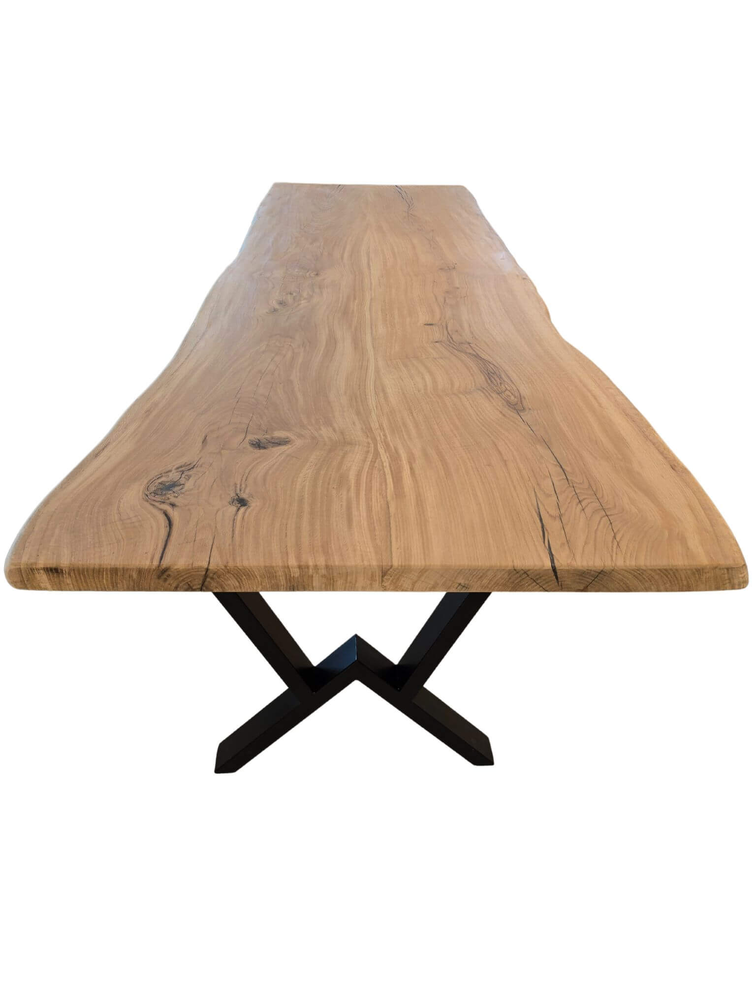 Plankebord i egetræ med naturkant og M-formede metalben