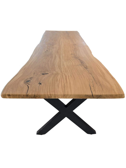 Plankebord i egetræ med naturkant og tyk X-formede metalben