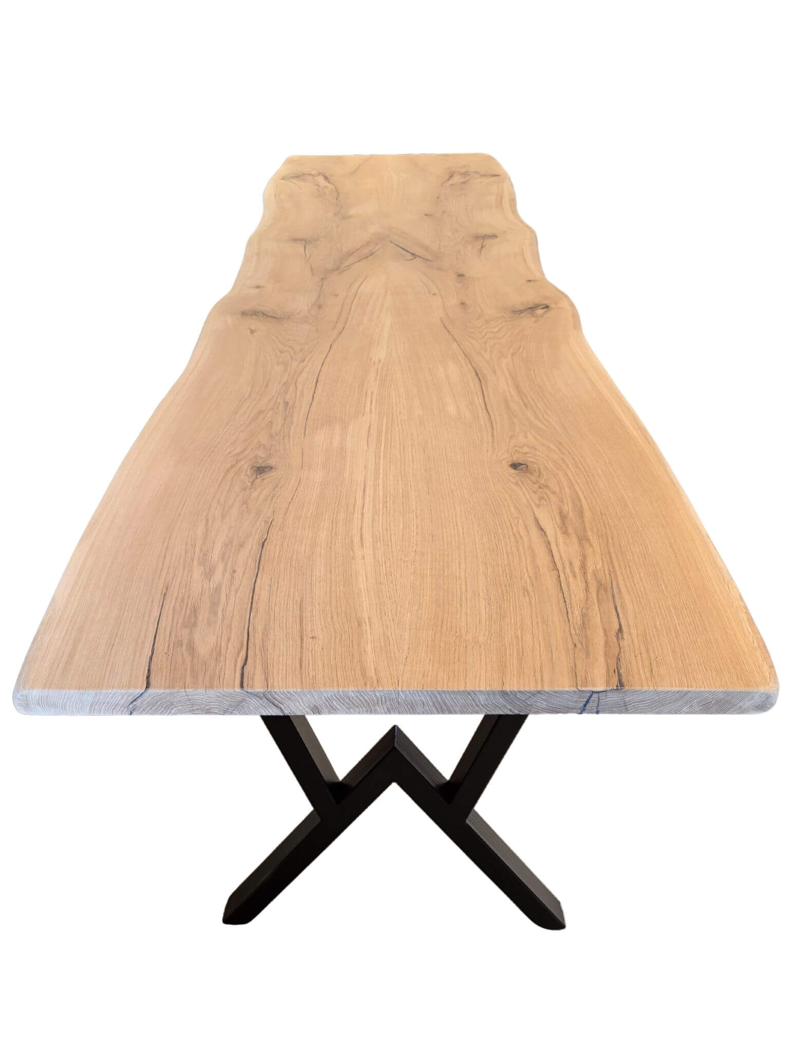 Plankebord i egetræ med naturlige årer og organisk form, M-formede metalben