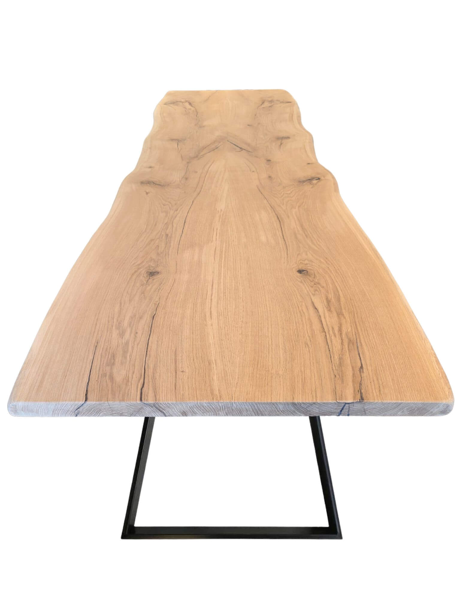 Plankebord i egetræ med naturlige årer og organisk form, trapez-formede metalben