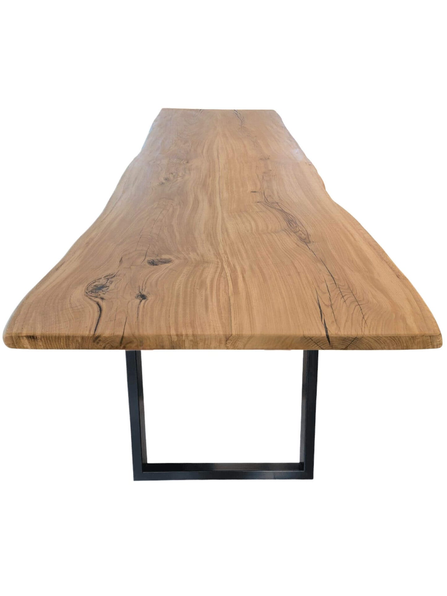 Plankebord i egetræ med naturkant og U-formede metalben