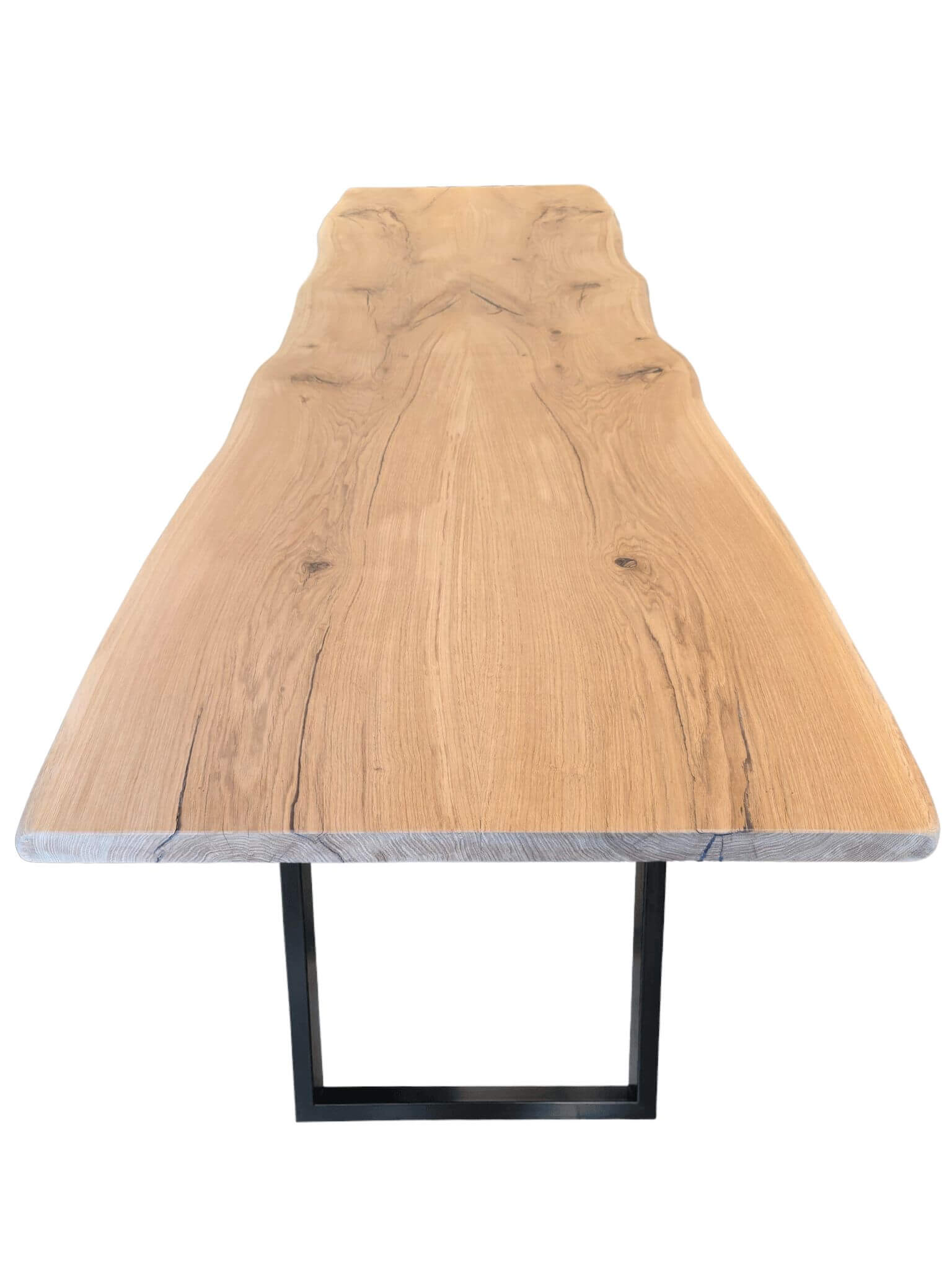 Plankebord i egetræ med naturlige årer og organisk form, U-formede metalben