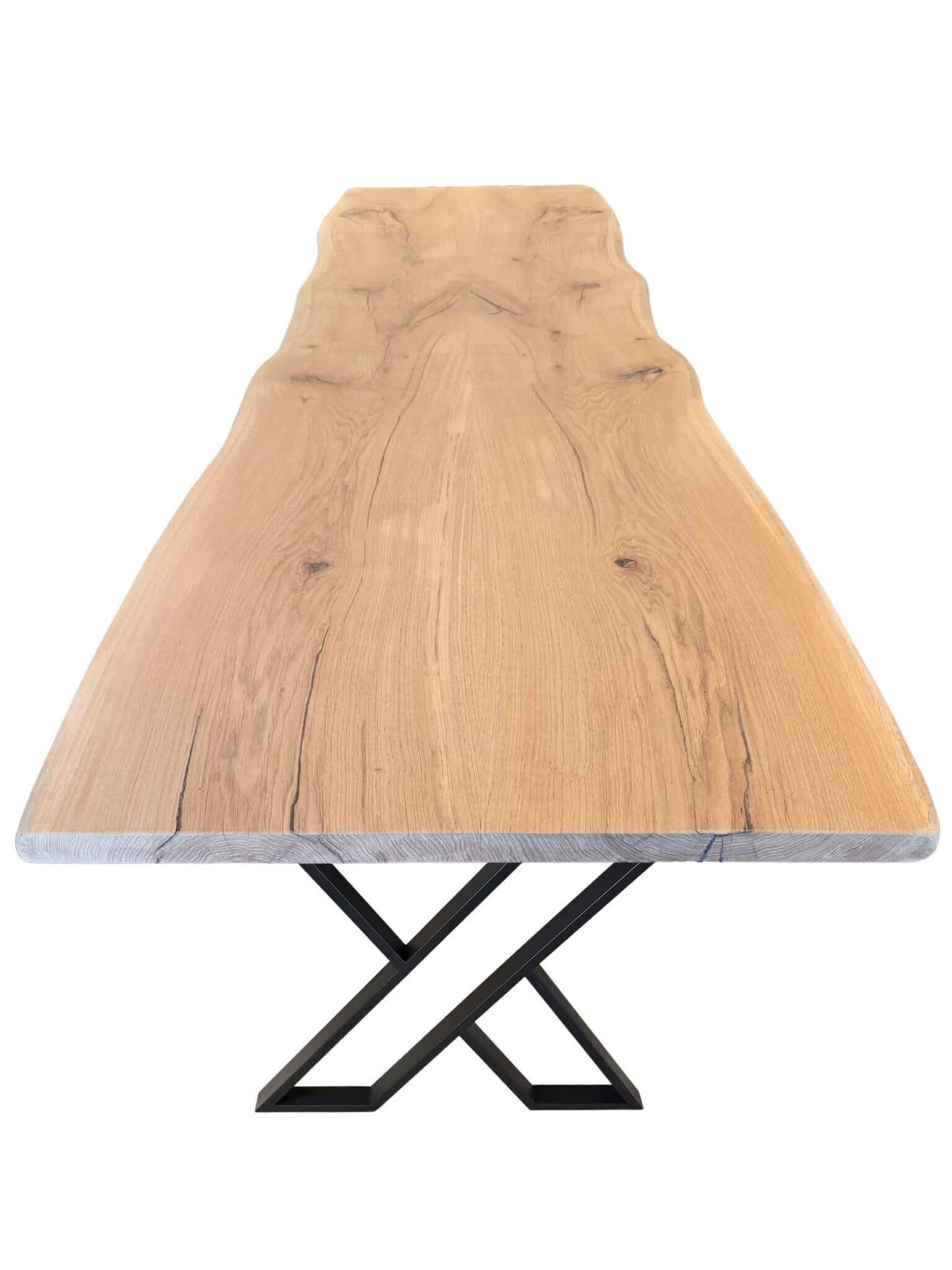Plankebord i egetræ med naturlige årer og organisk form, XX-formede metalben