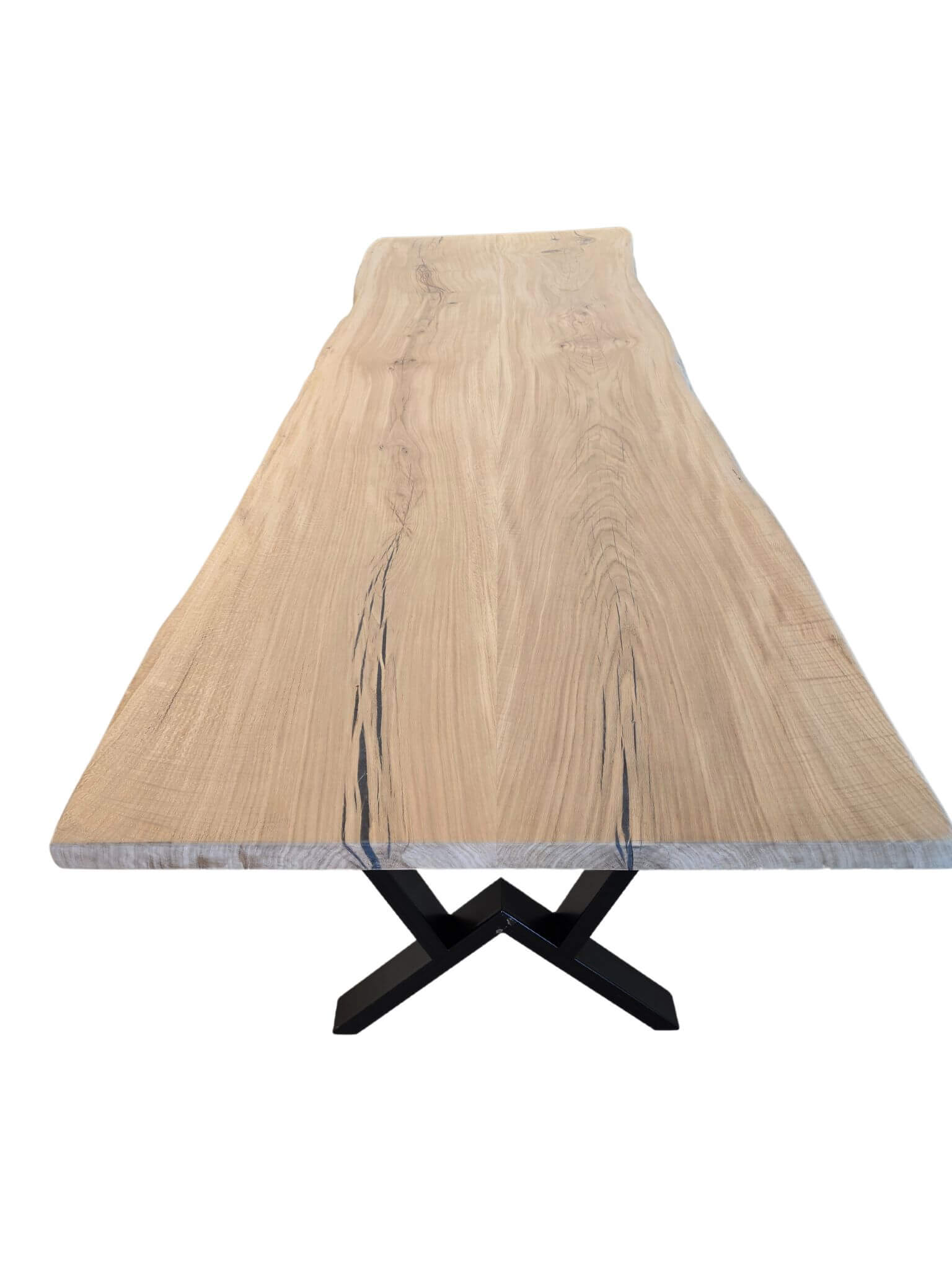 Plankebord i egetræ med naturlige årer og organisk form, M-formede metalben