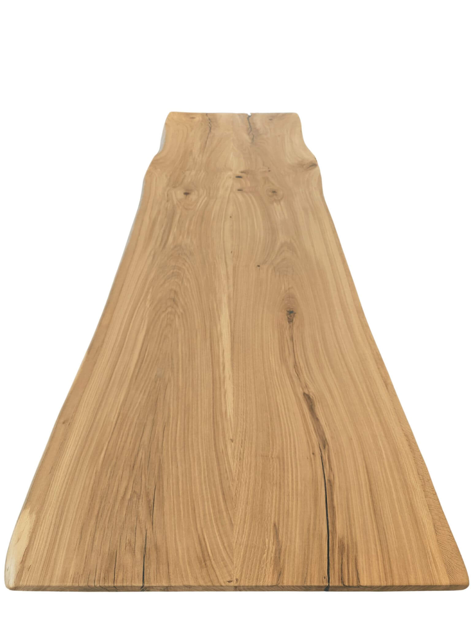 Plankebord i egetræ med naturlige årer og organisk form, næsten lige kant