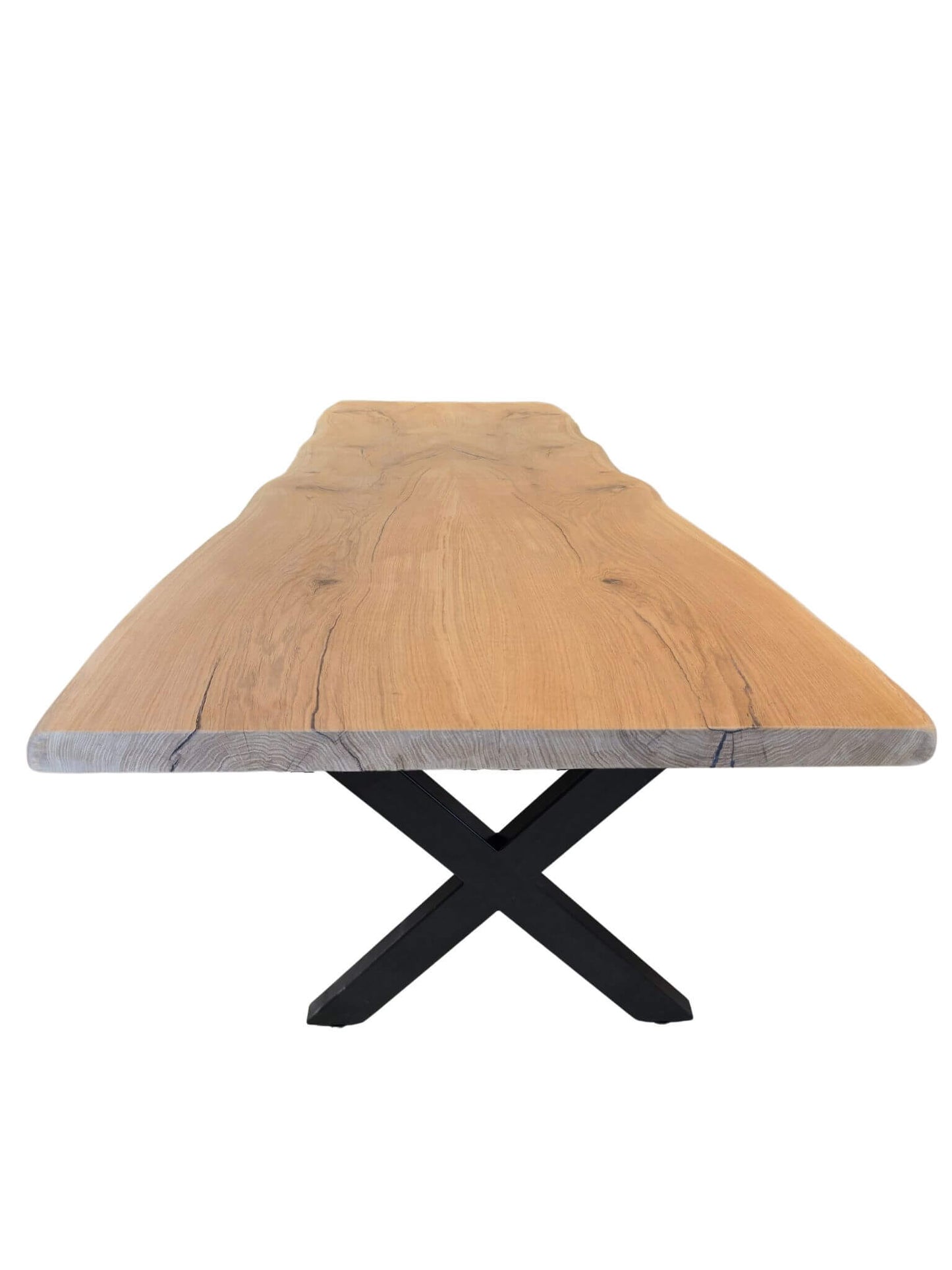 Plankebord i egetræ med naturlige årer og organisk form, X-formede metalben
