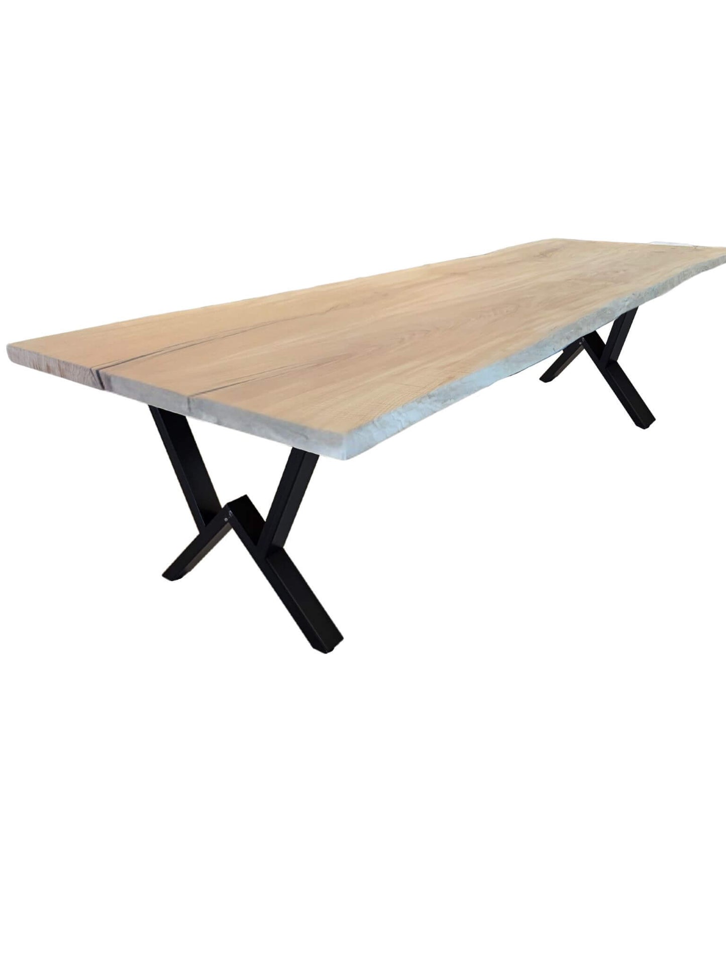 Plankebord i egetræ med naturkant og M-formede metalben, lateral view