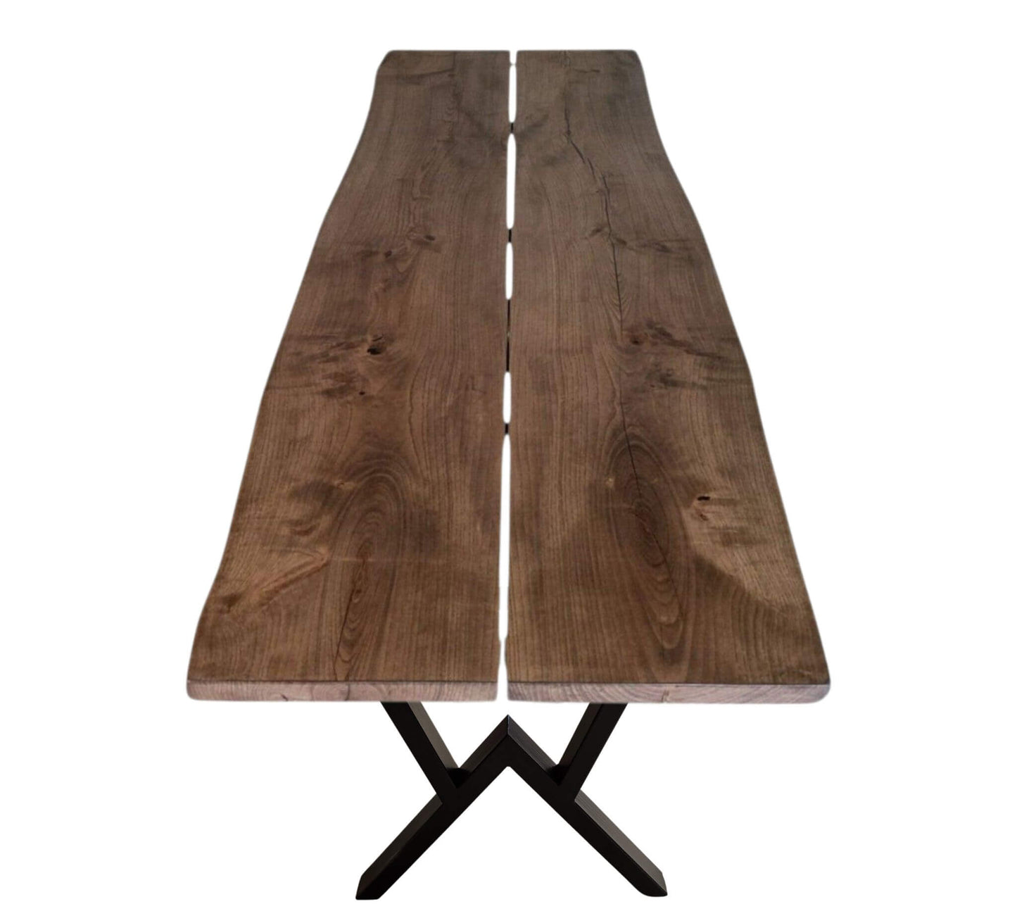 Plankebord i ask med to planker og naturkant, monteret på M ben i sort metal