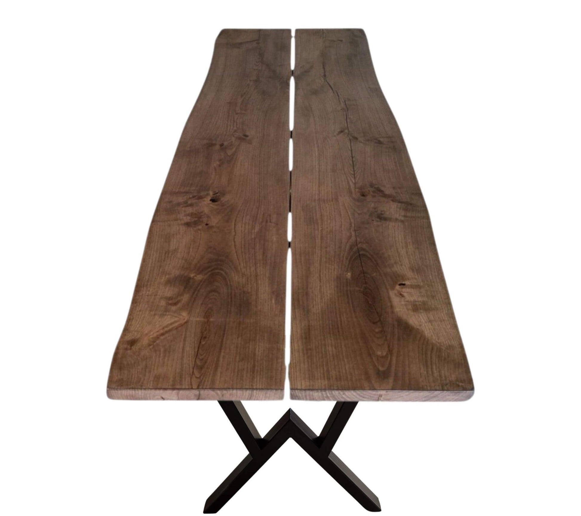 Plankebord i ask med to planker og naturkant, monteret på M ben i sort metal