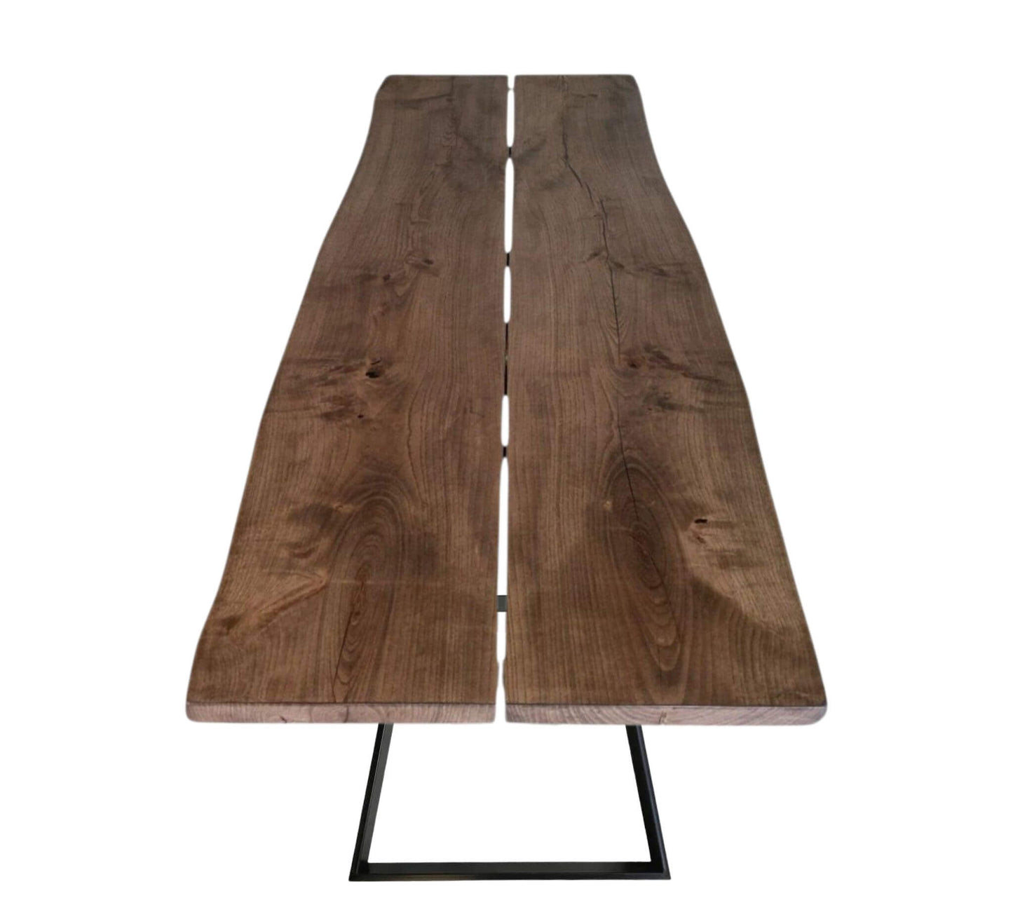 Plankebord i ask med to planker og naturkant, monteret på trapez ben i sort metal
