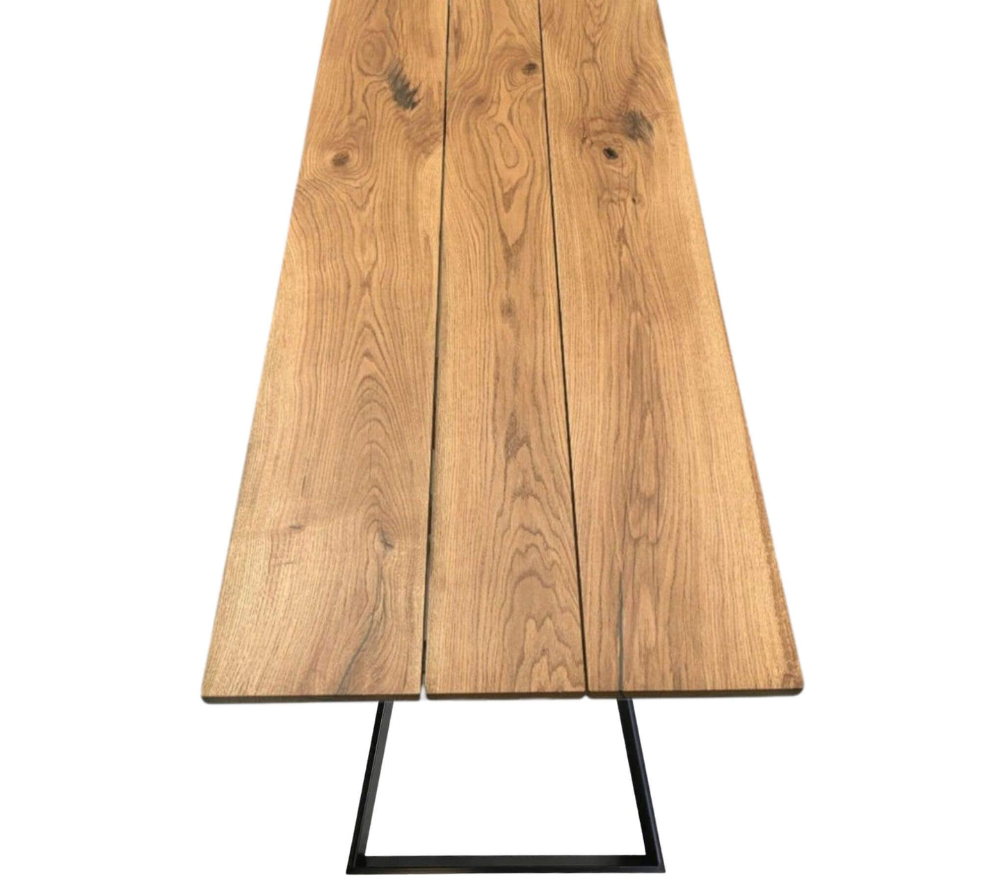 Plankebord i massivt egetræ med tre planker og naturåre – monteret på sort trapezstel