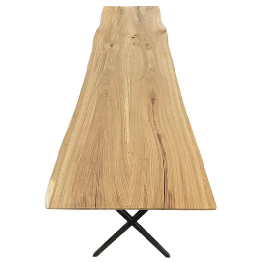 Plankebord i egetræ med naturkant og sorte X metalben