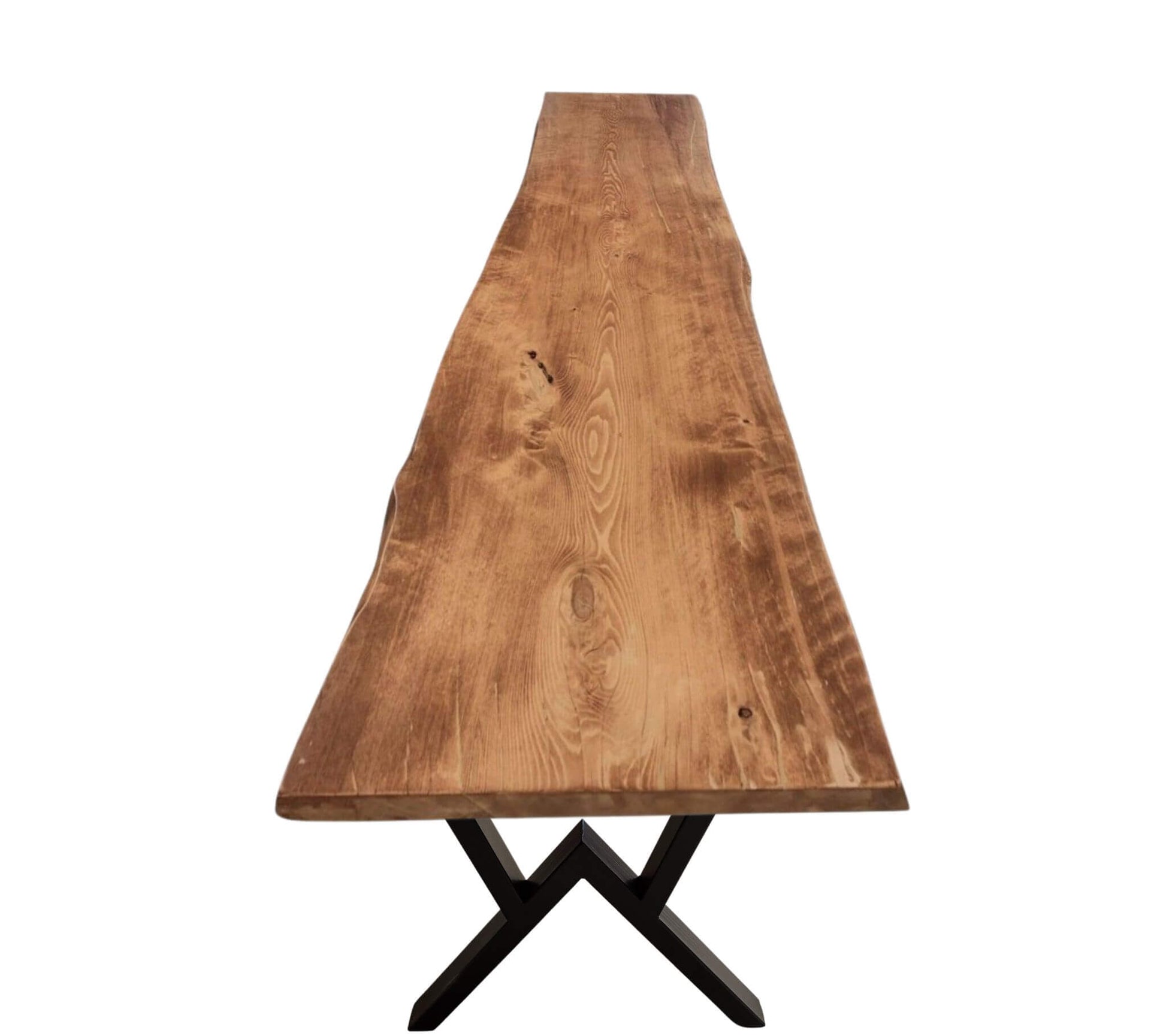 Plankebord i fyrretræ med naturkant og karakterfulde årer, monteret på M ben i sort metal