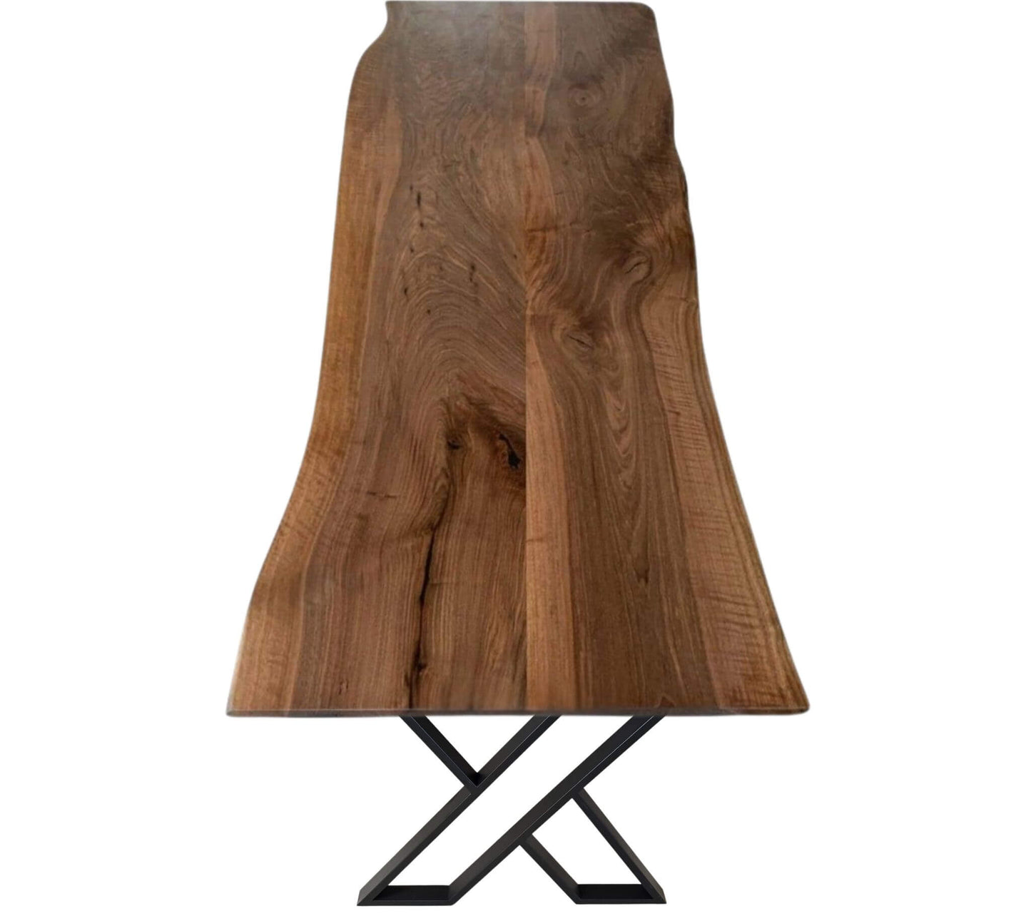 Plankebord i valnød med naturkant og sort XX-ben i metal