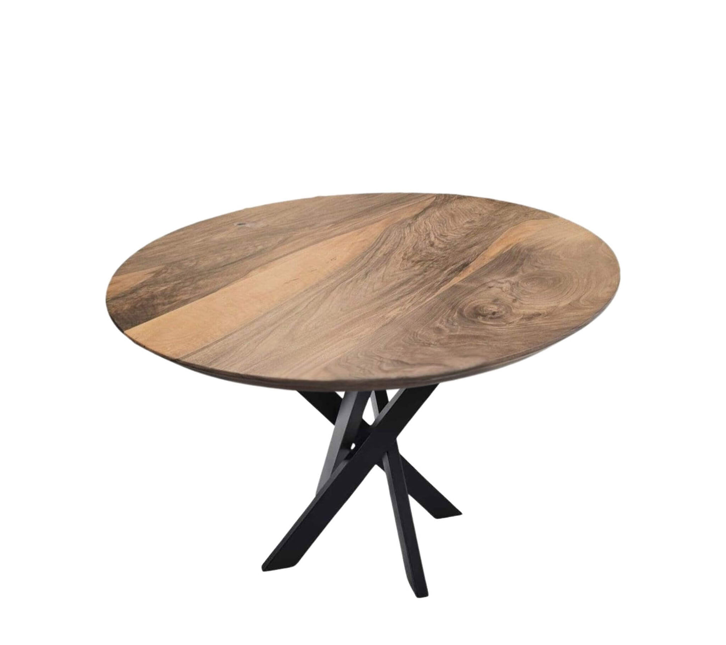 Rundt spisebord i massivt valnød med sort star-stel – elegant plankebord