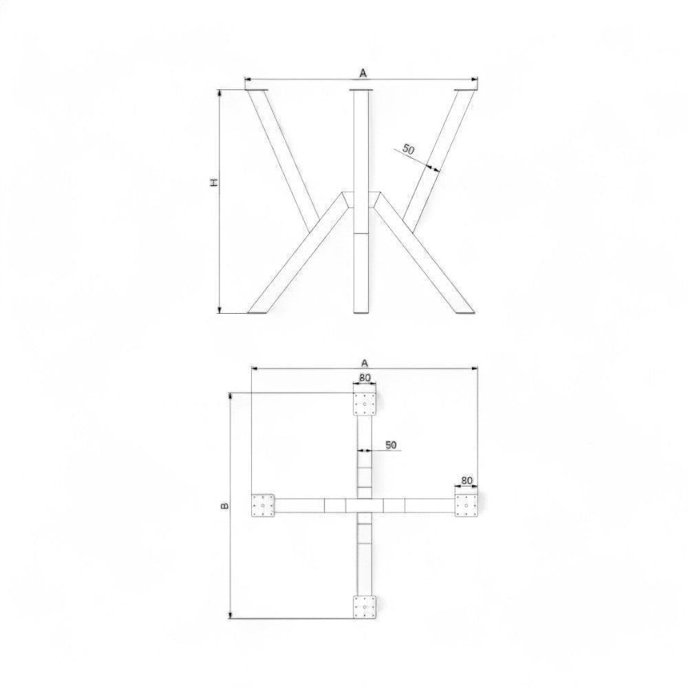 Teknisk tegning af stjernestel bordben til rundt plankebord med dimensioner