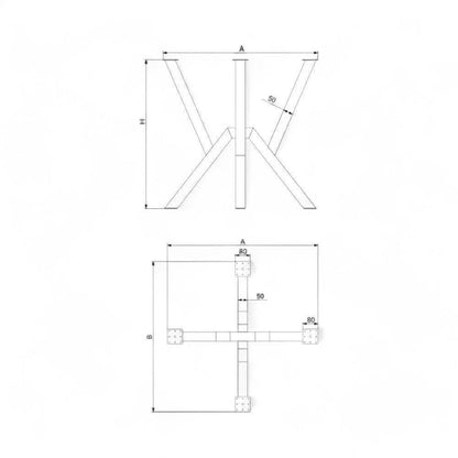 Teknisk tegning af stjernestel bordben til rundt plankebord med dimensioner