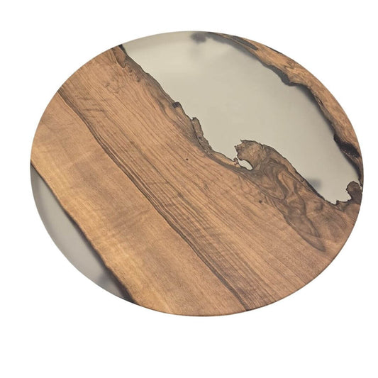 Rundt sofabord i valnød med mat epoxy og elegante sorte hairpin-ben, Ø48 cm